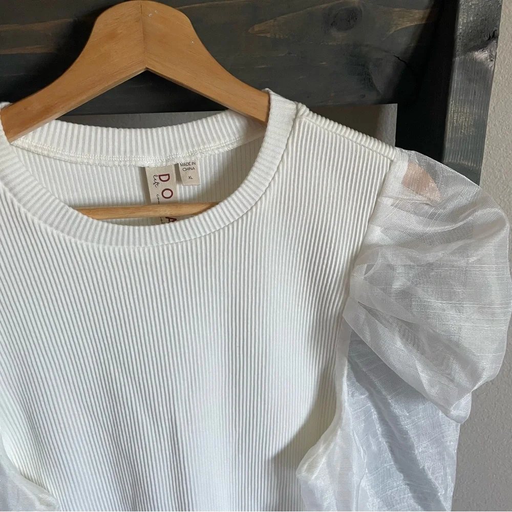 Anthropologie DOLAN Left Coast Puff-Sleeve Top Ribbed Knit Sheer Sleeve Sweater